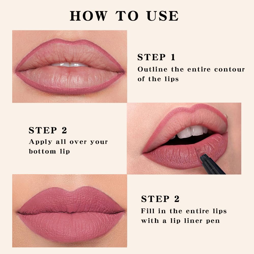 evpct Longwear Liquid Lip Liner Stain Marker Pen Long Lasting Waterproof, Dusty Pink Matte Semi Permanent 24 Hour Lip Liner and Lipstick Combo, Korean Color Stay Lipliner All Day, Lips Stain peel off
