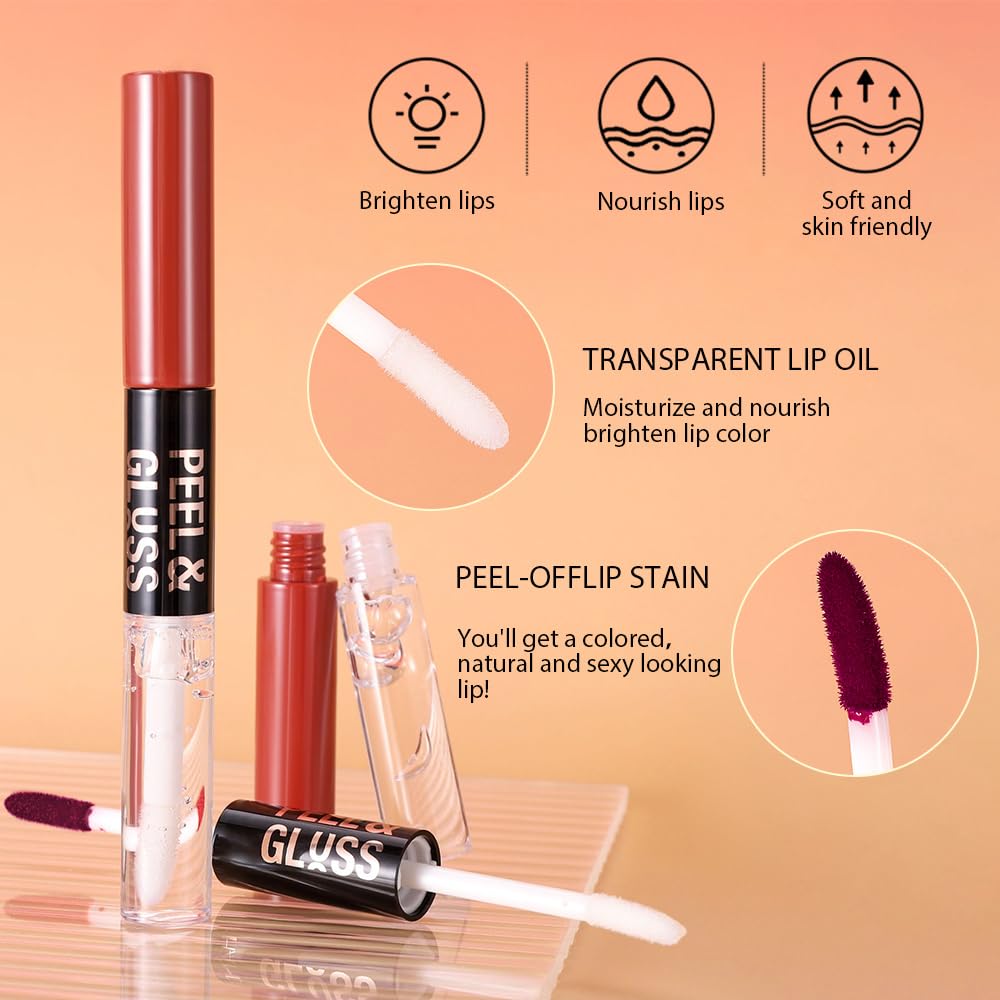 Vivid Burgundy Lip Stain Peel Off Lip liner and Lip oil with Tweezer, Dual-Ended Peel Off Lip Stain Tattoo, Highly Pigmented Long Lasting Waterproof, Transfer-proof for All Skin Types, 04#