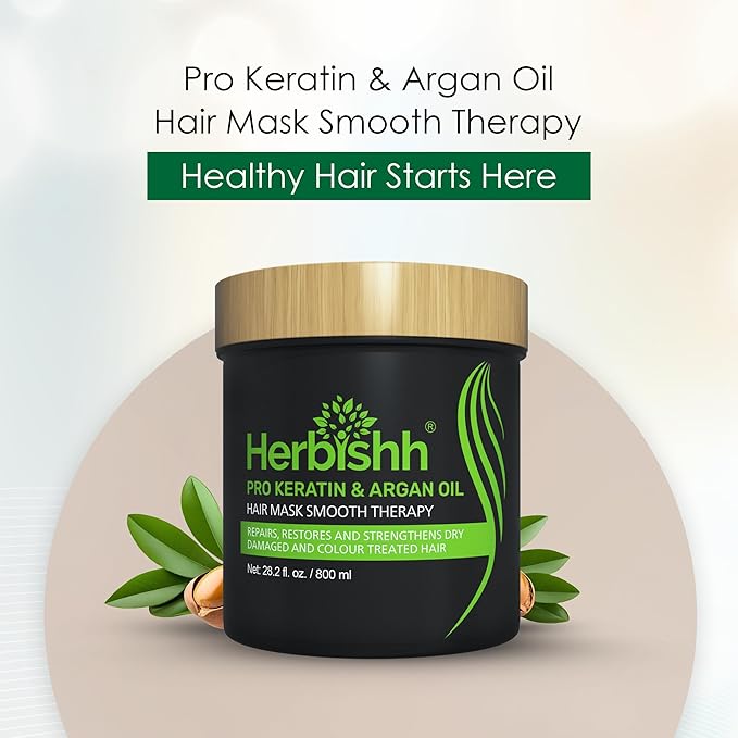 Herbishh Argan Hair Mask-Deep Conditioning & Hydration For Healthier Looking Hair- for very Dry, Weak, Stressed Out Hair, No Sulphates, No Parabens (800ML)