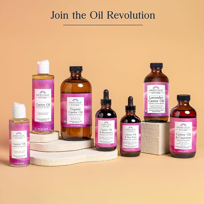 HERITAGE STORE Lavender Castor Oil Organic - Soothing Hair Treatment w/Lavender Essential Oil - Hair Care, Skin Care, Castor Pack Wrap - Calming Scent, Vegan, Hexane Free, 60-Day Guarantee, 8oz