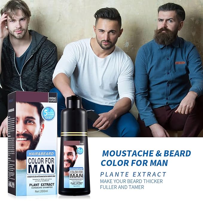 Men's Mustache & Beard Dye for Gray Hair Coverage - Natural Black Color in 5 Minutes, Easy Application Shampoo for Facial Hair 200ml
