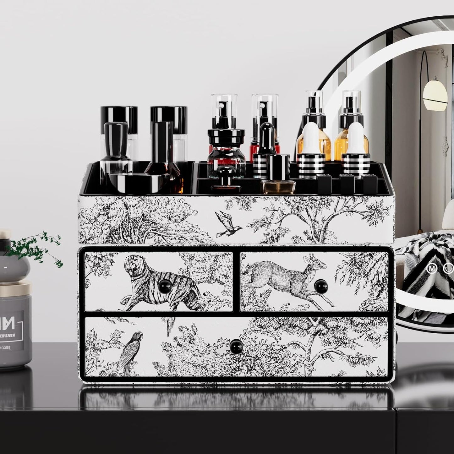 GORESE Leather Makeup Organizer with 3 Drawers for Vanity, Stackable Skincare Holder Dresser Organizer Countertop, Make Up Storage Organizers Counter Cosmetic Display Case Gift for Women(Retro Black)