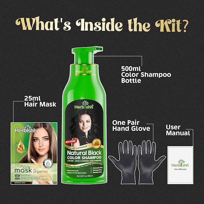 Herbishh Hair Color Shampoo for Gray Hair – Natural Hair Dye Shampoo – Colors Hair in Minutes – Lasts Up To 3-4 Weeks – 500ML – 3-In-1 Hair Color – Colors, Cleanses, and Conditions (Black)