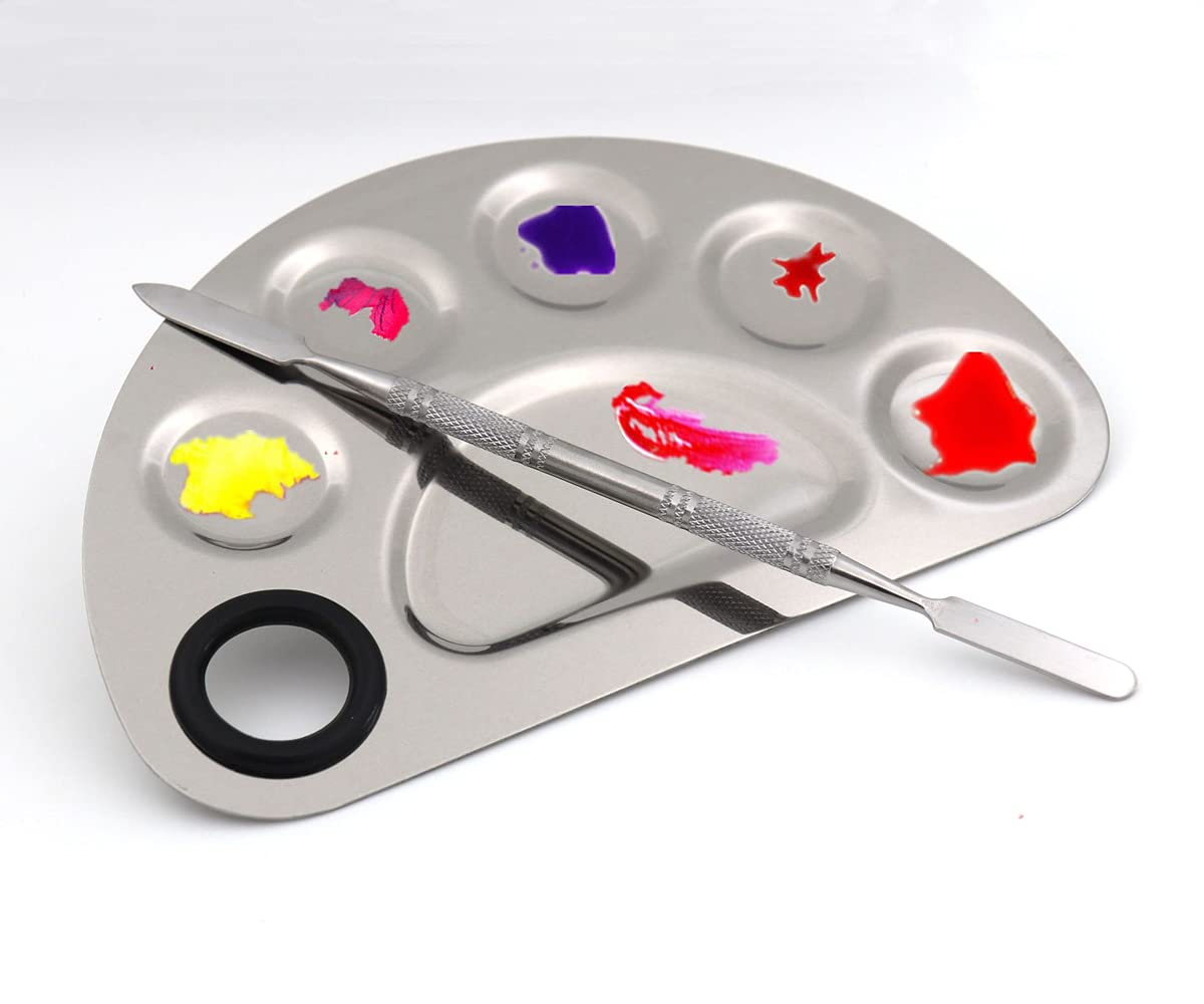 semicircle Makeup Palette Stainless Steel 6-dents Nail-art Cosmetic Artist Mixing Palette with 6 Inches Spatula Tool