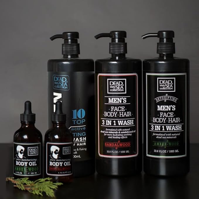 Dead Sea Collection Mens Body Wash 3 in 1 – Sandalwood Body Wash for Men – Shower Gel – Shampoo – Shower Soap for Face and Hair – Pack of 2 Bottles (33.8 Fl. Oz. Each)