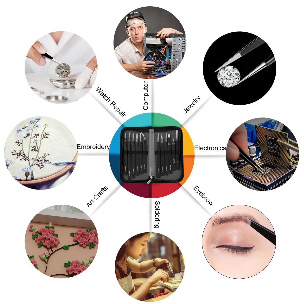 Antonki 12 Pack Precision Tweezers Set for Craft, Soldering, Jewelry, Facial Hair, Eyebrow, Ingrown Hair Removal, Eyelash Extension- with Case