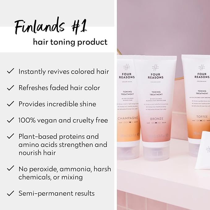FOUR REASONS Color Mask - Bronze - (19 Colors) Toning Treatment, Color Depositing Conditioner, Tone & Enhance Color-Treated Hair - Semi Permanent Hair Dye, Vegan and Cruelty-Free, 6.76 fl oz