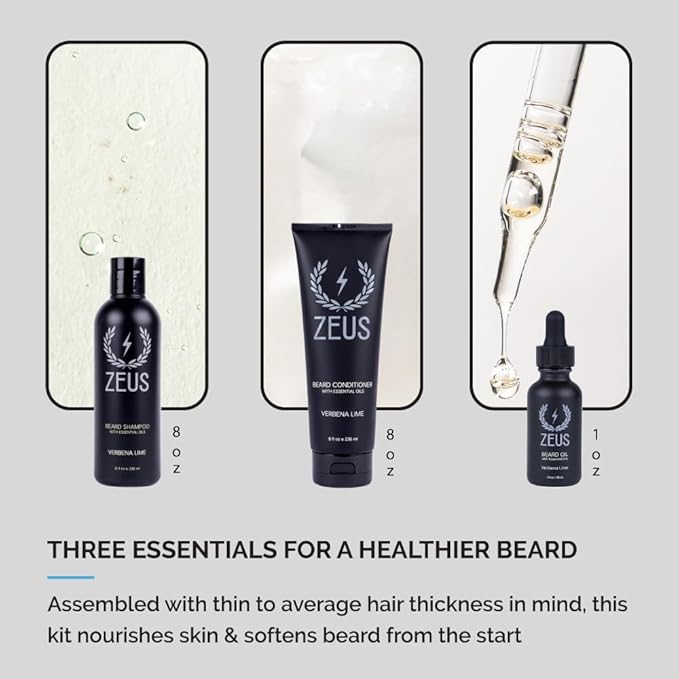 ZEUS Starter Beard Wash & Beard Oil Kit for Men, Softens, Hydrates & Moisturizes Facial Hair, Promotes Healthy Growth & Shine (Made In USA) Verbena Lime