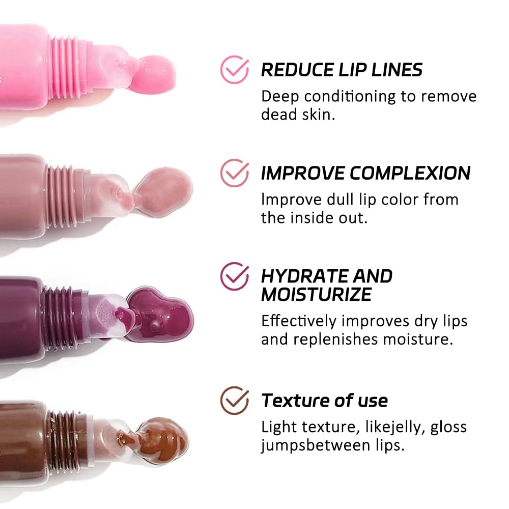 4Pcs Tinted Lip Balm Serum Makeup, Squeeze Hydrating Tint Lips Balms Serum Cosmetic, Women Care Glossy Nourishing Plumping Lip Stain Gloss Lipstick Suitable for dry lips, Set03(01#+02#+04#+08#)