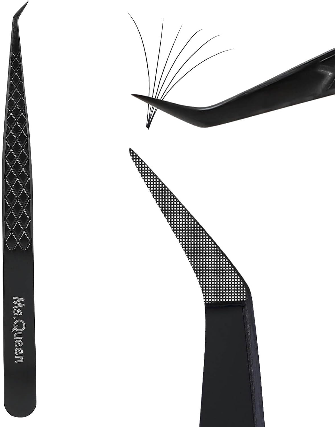 Ms.Queen Lash Extension Tweezers, Fiber Tip Lashing Tweezers for Volume & Individual Eyelash Extensions,Black