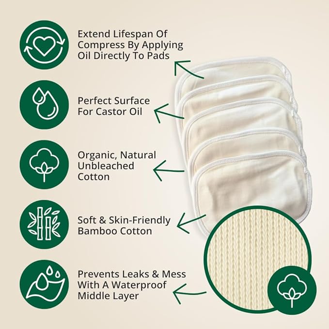 Castor Oil Pack - 8 Piece Complete Kit. Includes 16oz Glass Bottle of Organic Castor Oil, Easy to use Organic Cotton Compress with Adjustable Fit, 5 Soft Cotton Pads & Soothing Heat Pack..