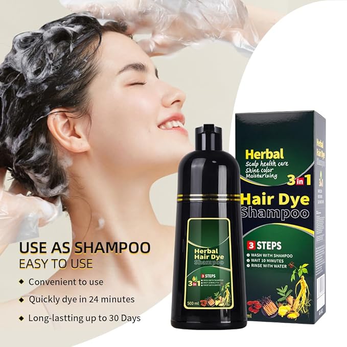 Black Hair Dye Shampoo 3 in 1 Herbal Natural Dye Cover Gray, for Women/Men Hair Color for Grey Coverage (Black)