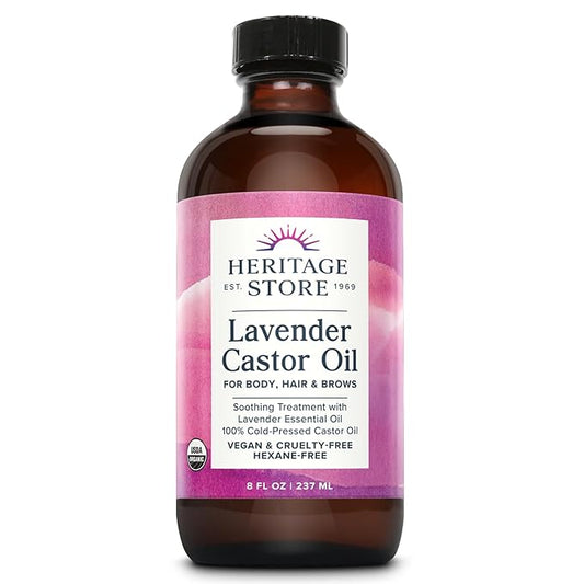 HERITAGE STORE Lavender Castor Oil Organic - Soothing Hair Treatment w/Lavender Essential Oil - Hair Care, Skin Care, Castor Pack Wrap - Calming Scent, Vegan, Hexane Free, 60-Day Guarantee, 8oz
