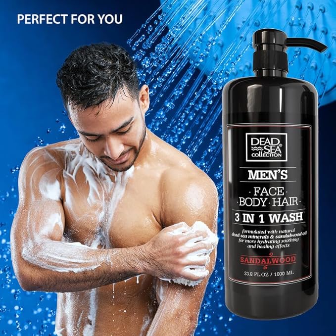 Dead Sea Collection Mens Body Wash 3 in 1 – Sandalwood Body Wash for Men – Shower Gel – Shampoo – Shower Soap for Face and Hair (33.8 Fl. Oz)