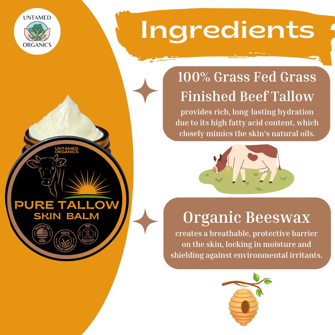 Untamed Organics Pure Tallow 100% Grass-Fed Grass-Finished Beef Tallow Balm For Skin Care - Full Body & Face Moisturizer For Sensitive Skin, Eczema - All-Purpose Pure Tallow Cream (Unscented) 2 oz