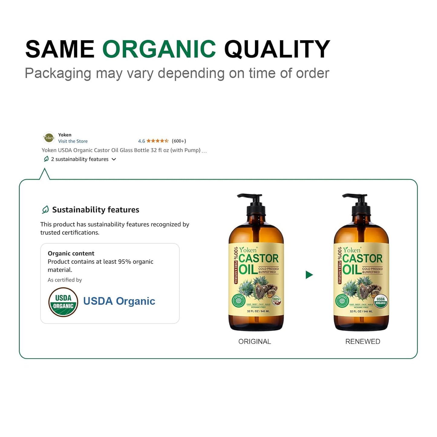 Yoken EWG Verified Castor Oil Glass Bottle 32 fl oz (with Pump) 100% Pure Castor Oil for Skin Face Hair, Cold Press, Hexane Free, Unrefined Caster oil for Pack Wrap Deep Nourish Body