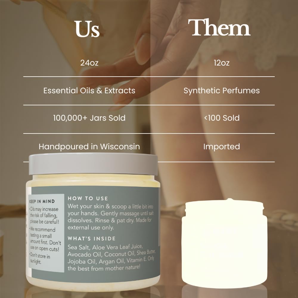 Bare Botanics Unscented Body Scrub 24 oz - Naturally Scented Sea Salt Scrub Made in Madison, WI - Formulated w/Skin Loving Moisturizers - Vegan, Cruelty Free Exfoliator w/a Cute Wooden Spoon