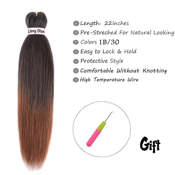 Liang Dian Pre-Stretched Braiding Hair 22 inch 6 packs Hot Water Setting Synthetic Hair Crochet Braiding Hair Extension (Ombre Brown)