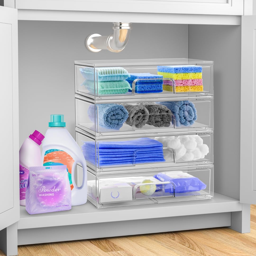 Sorbus Acrylic Storage Containers - 4 Pack, Stackable Storage Bins Set for Bathroom Organization - Clear Acrylic Drawer Organizers - Makeup Case Pull-Out Drawers (12.1’’ Wide)