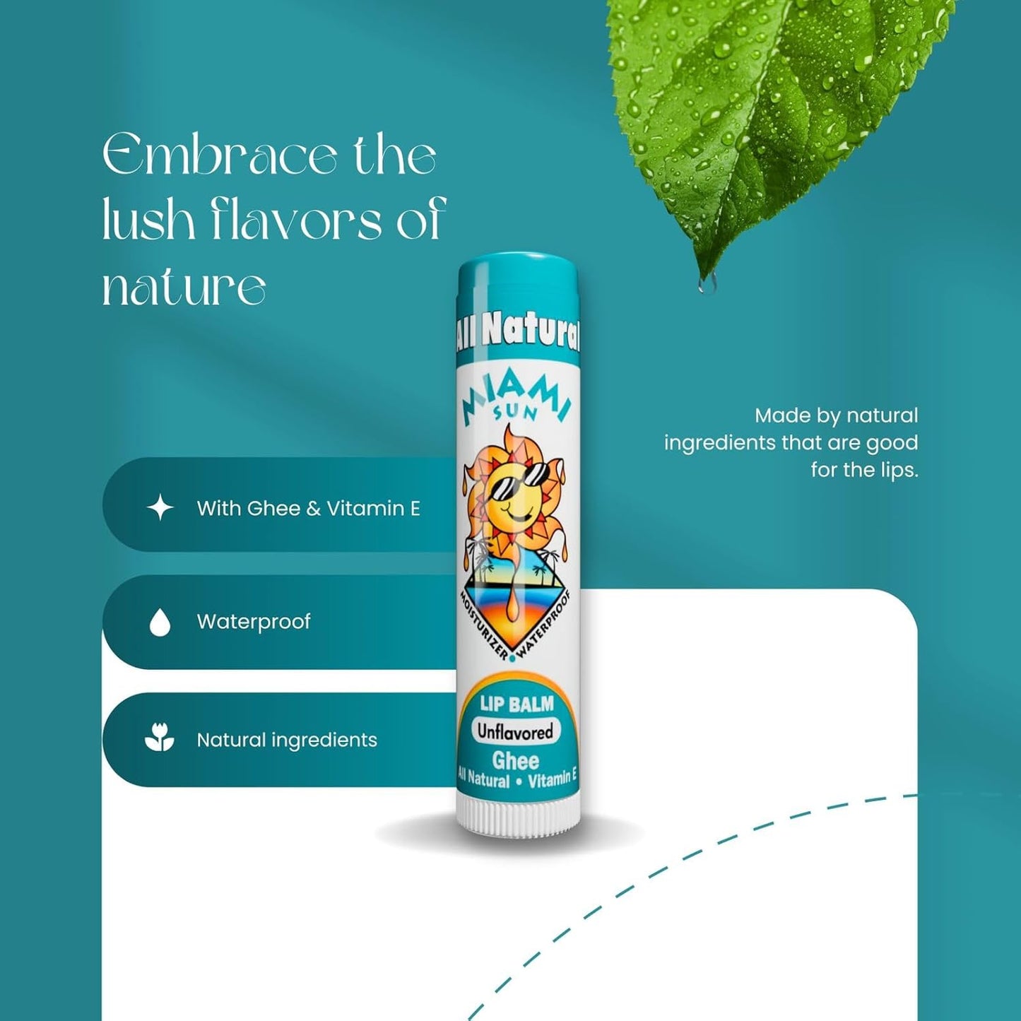 Miami Sun Natural Ghee Lip Balm, Hydrating Lip Treatment with Shea Butter & Beeswax, Organic & Non-Toxic, Best for Dry, Chapped Lips - Moisturizing, Healing, Chemical-Free Lip Care (4 Count, Natural)