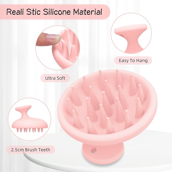 Silicone Scalp Massager Shampoo Brush, Head Scrubber with Soft Bristles for Hair Growth, Scalp Exfoliator for Dandruff Removal, Wet Dry Hair Brush for Scalp Care, Pink