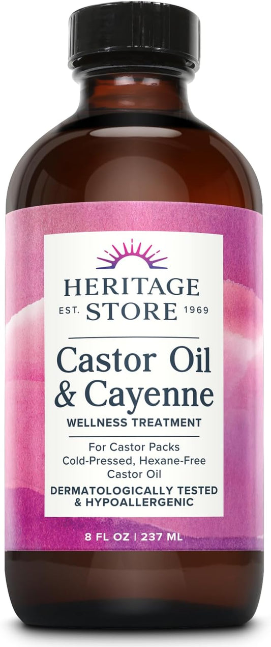 HERITAGE STORE Castor Oil & Cayenne - Cold Pressed Organic Castor Oil Pack Wrap - Heat Compress for Abdomen, Joints, Overall Wellness - with Cayenne Pepper - Hypoallergenic, Vegan, Cruelty Free, 8oz