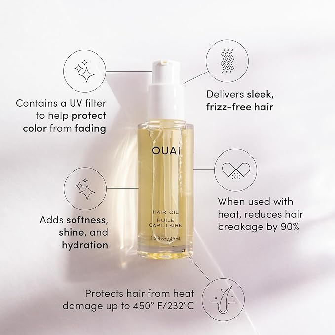 OUAI Hair Oil Travel Size - Hair Heat Protectant Oil for Frizz Control - Adds Shine and Smooths Split Ends - Color Safe Formula - Paraben, Phthalate and Sulfate Free (0.45 oz)
