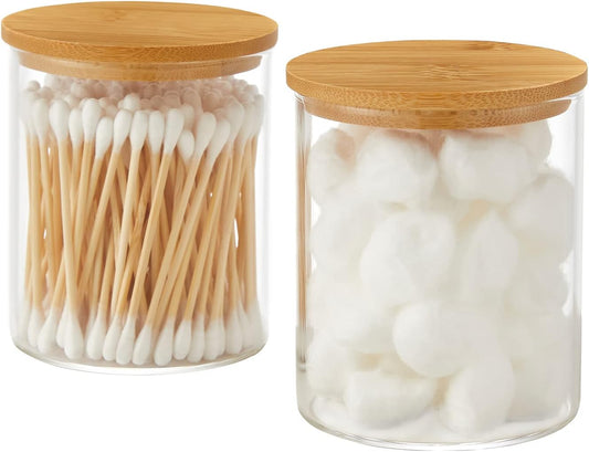 Glass Qtip Holder Dispenser with Bamboo Lid - 2 Pack Apothecary Jars - Cotton Balls Pads Swabs Holder Jar - Bathroom Vanity Canisters Jars for Countertop Storage and Organization