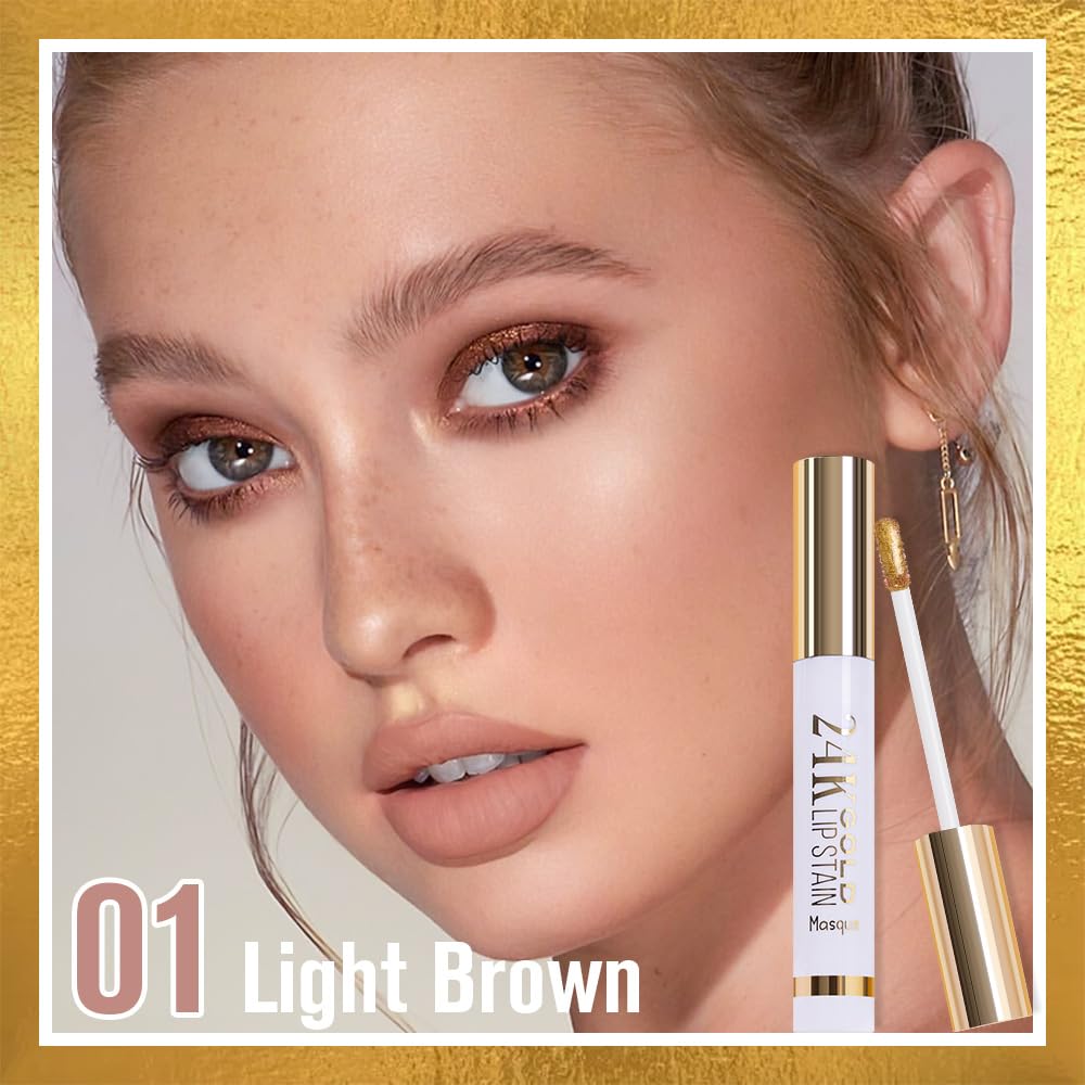 2Pcs 2025 New 24K Gold Liquid Lip Gloss Peel Off Lip Stain Tattoo with Tweezer, Lips Stain Peel Off Masque, Long Lasting Waterproof Lip Tint Stain, Transfer-proof for All Skin Types 01#+02#
