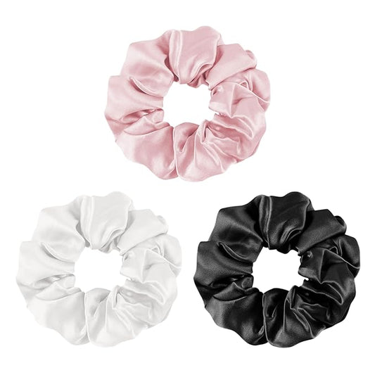 Mulberry Silk Scrunchies for Women and Girls, No-Damage Hair Ties for Sleep, Frizz-Free Curly Hair Elastics and Ponytail Holders, 3 Pack