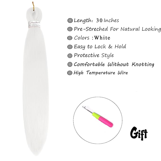 Liang Dian Pre-Stretched Braiding Hair 30 inch 6 packs Hot Water Setting Synthetic Hair Crochet Braiding Hair Extension(white)