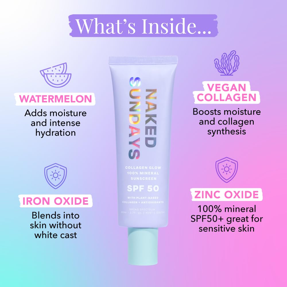 Naked Sundays SPF 50 Mineral Glow Sunscreen, Daily Hydrating Facial Moisturizer & Primer with Zinc Oxide, Sheer Tint, Broad Spectrum SPF Lotion (Jumbo 80ml)