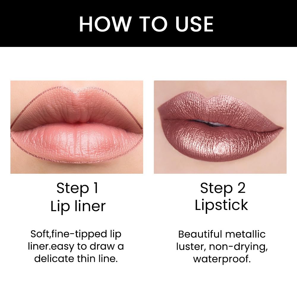 evpct 1Pcs Nude Brown Metallic Shine Shimmer Lip Liner and Lipstick Combo Set Kit for Women, Lightweight Hydrating Formula High Impact Full Coverage Lipstick and Lip Liner Makeup Gloss, 18#