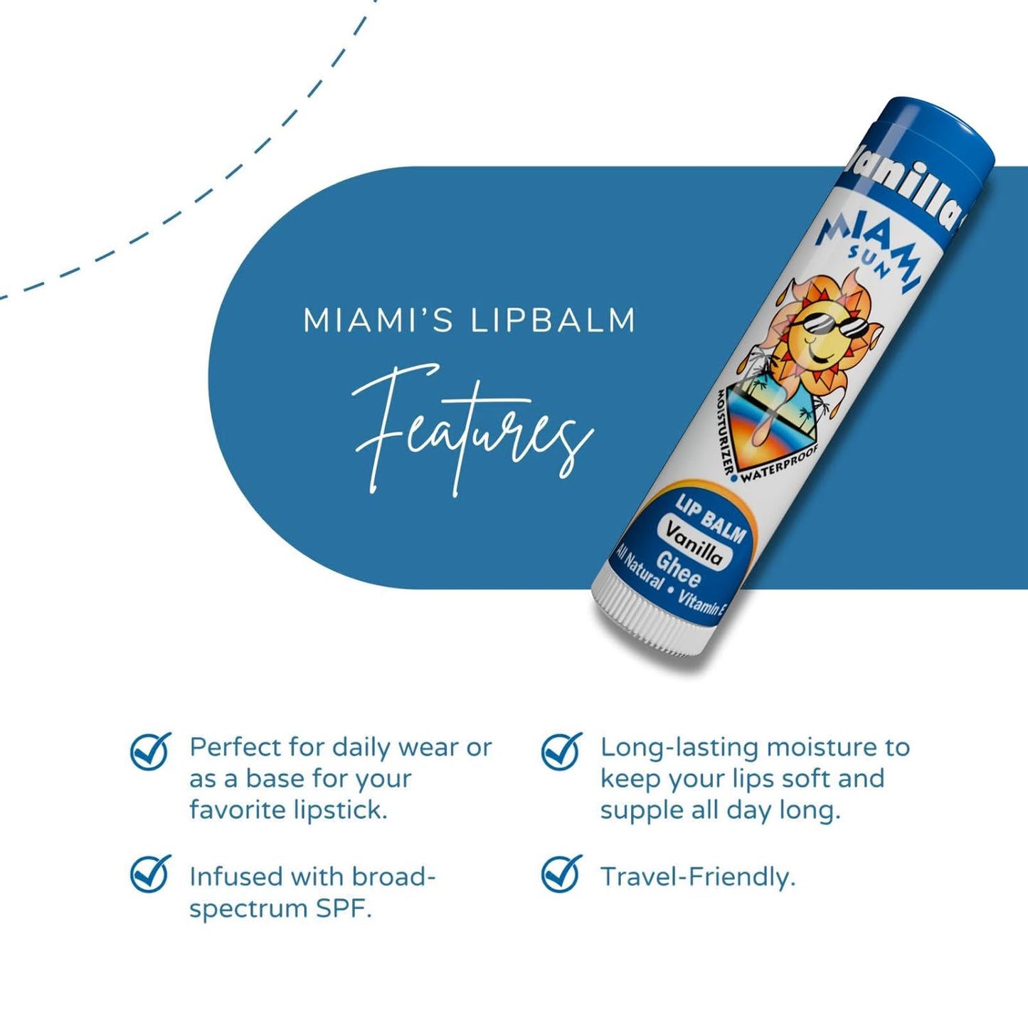 Miami Sun Natural Ghee Lip Balm, Hydrating Lip Treatment with Shea Butter & Beeswax, Organic & Non-Toxic, Best for Dry, Chapped Lips - Moisturizing, Healing, Chemical-Free Lip Care (4 Count, Vanilla)