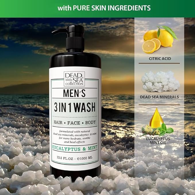 Dead Sea Collection Mens Body Wash 3 in 1 – Eucalyptus Body Wash for Men – Shower Gel – Shampoo – Shower Soap for Face and Hair – Pack of 2 Bottles (33.8 Fl. Oz. Each)