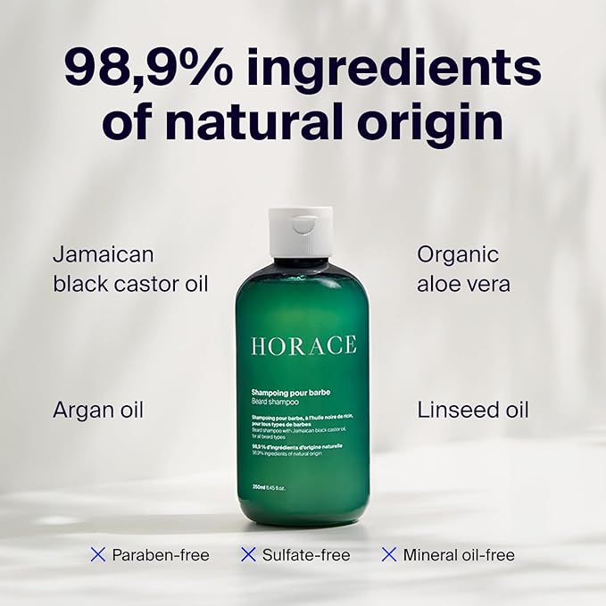 HORACE Beard Shampoo for Men - Sulphate-free Wash with Castor Oil - Gentle Beard Care for All Skin Types - Woody, Aromatic Scent, 250 ml
