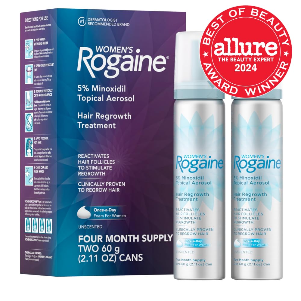 Women's Rogaine 5% Minoxidil Foam, Topical Once-A-Day Hair Loss Treatment for Women to Regrow Fuller, Thicker Hair, Unscented, 4-Month Supply, 2 x 2.11 oz