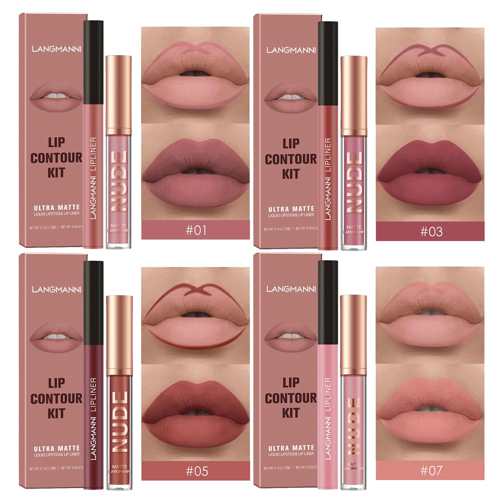 LANGMANNI 4pcs Matte Lipstick with Lipliners Durable Makeup Set,Long-Lasting Non-Stick Cup Not Fade Waterproof Pigmented Velvet Lipgloss Kit Beauty Cosmetics Makeup Gift for Girls(#1+3+5+7)