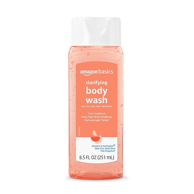 Amazon Basics Clarifying Pink Grapefruit Body Wash, 2% Salicylic Acid Acne Treatment, Dermatologist Tested, 8.5 Fl Oz (Pack of 4) (Previously Solimo)