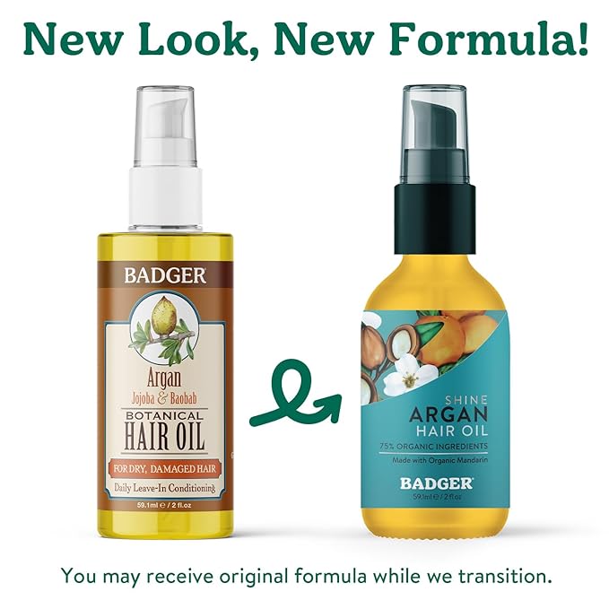 Badger Organic Argan Hair Oil, Restore a Healthy Shine to Dry Brittle Hair, Organic Moroccan Argan Oil Hair Moisturizer/Hair Serum, 2 fl oz Glass Bottle