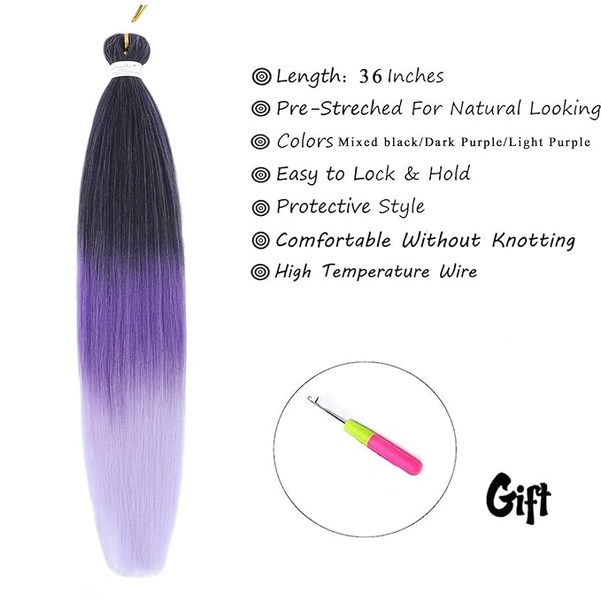 Liang Dian Pre-Stretched Braiding Hair 36 Inch 6 packs Hot Water Setting Synthetic Hair Crochet Braiding Hair Extension(Mixed black/Dark Purple/Light Purple)