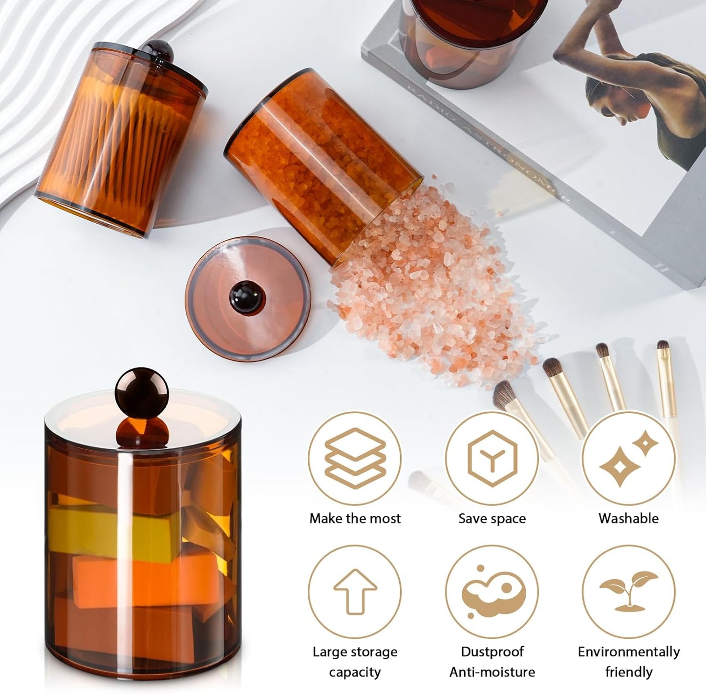 2 Pack Qtip Holder,Canister Apothecary Jar Set, Bathroom Jars with Lids Set for Cotton Swabs, Balls, Pads, Floss Picks,10oz-12oz Plastic Canisters Restroom Bedroom Vanity Organizer(Brown)