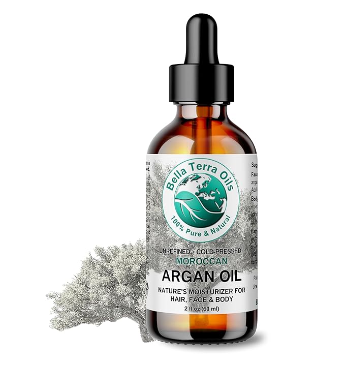 Bella Terra Oils - Argan Oil 2 oz - Cold-Pressed from Morocco, Rich in Vitamin E & Fatty Acids, Perfect Hair Oil Serum to Combat Frizz, Luxurious Face Oil