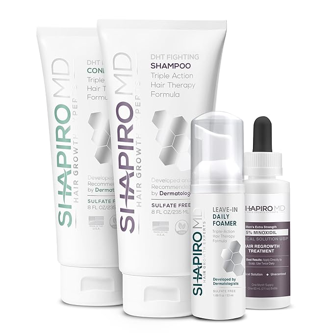 Shapiro MD Hair Growth Experts Men's Regrowth Kit Plus: Shampoo, Conditioner, 5% Minoxidil, Leave-In Foam, Complete Anti Hair Loss and Thinning Hair Solution for Men, 1 Month Supply