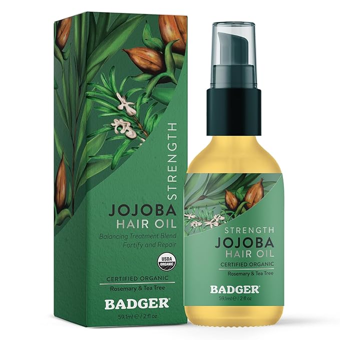 Badger Organic Jojoba Hair Oil & Dry Scalp Treatment, Soothing & Moisturizing Itchy Dry Scalp Oil, Rosemary Hair Oil, Organic Jojoba Oil Hair & Scalp Moisturizer, 2 fl oz Glass Bottle