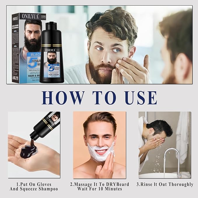 Men’s Beard Dye For Men Black In Minutes, Grey Reducing Mustache & Beard Wash & Conditioner 3 In 1, Black Beard Dye Shampoo, Long-Lasting With Natural Extract, Gifts for Men Dad