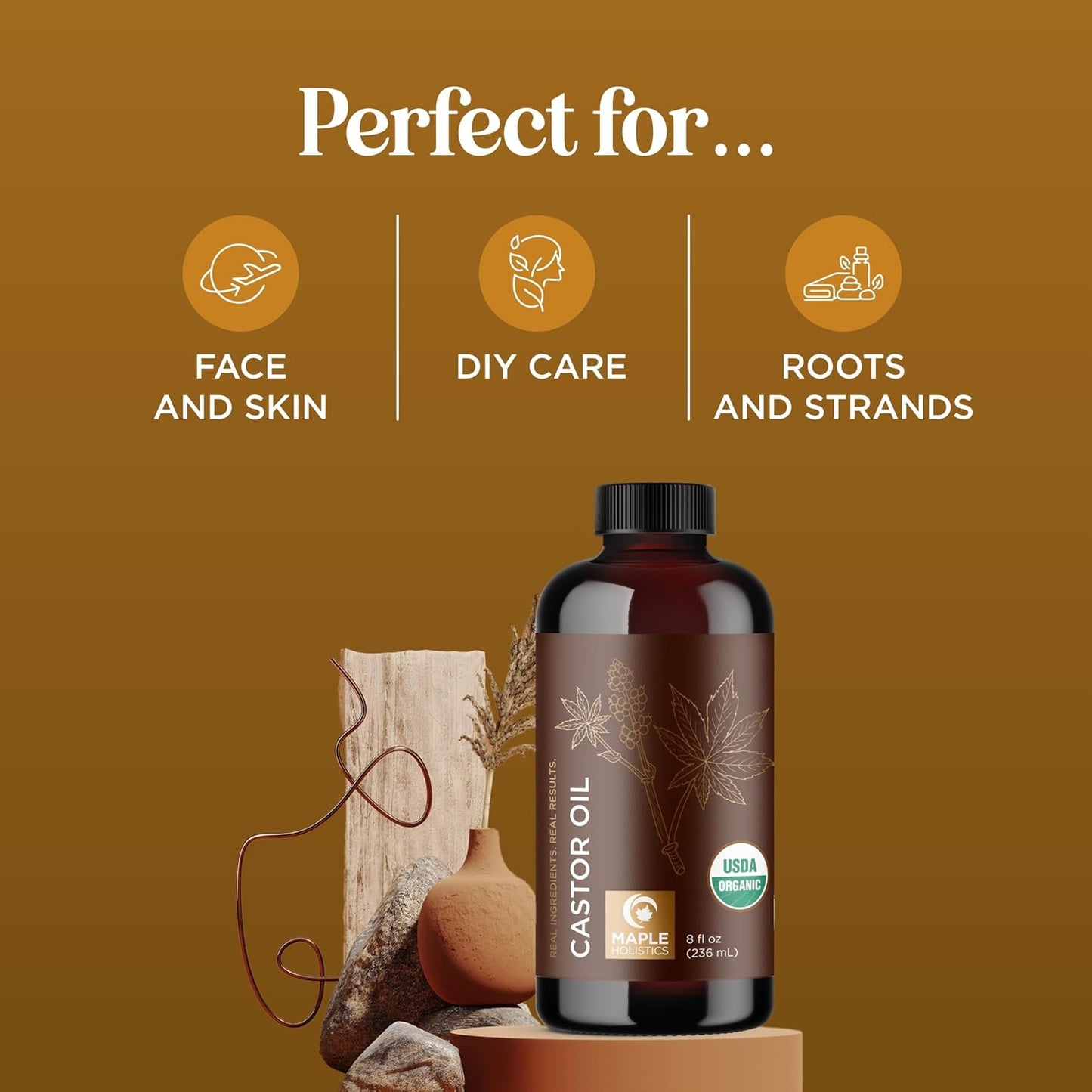 Organic Castor Oil Glass Bottle - 100% Pure Castor Oil Organic Cold Pressed Unrefined Glass Bottle - Extra Virgin Non GMO Hexane Free Cruelty Free Dermatologist Tested and USDA Certified (8 Fl Oz)