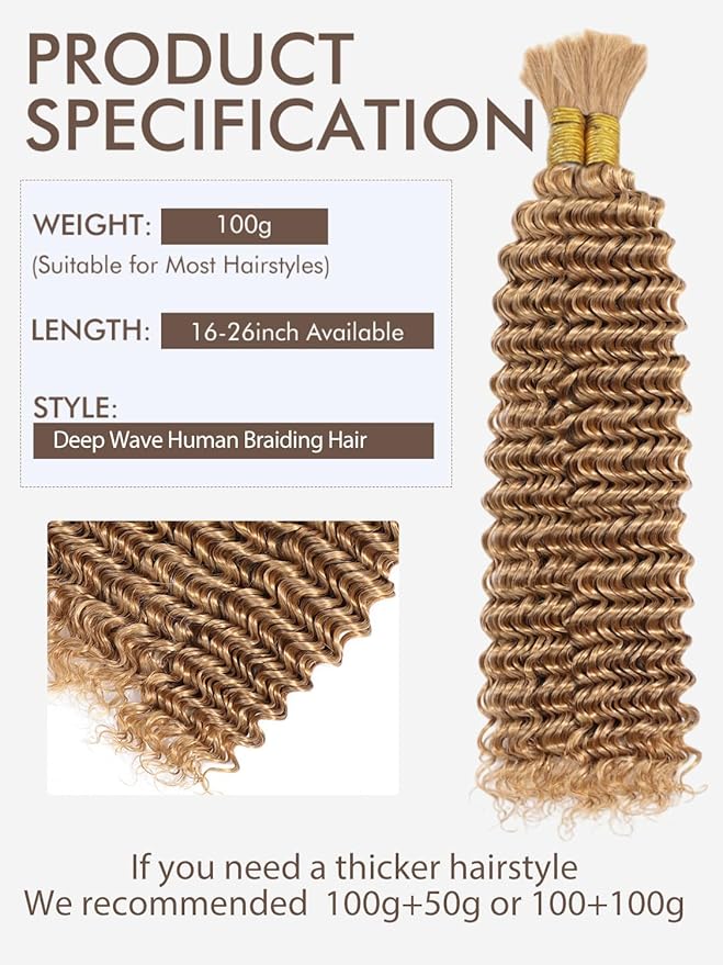 #27 Honey Blonde Human Braiding Hair for Boho Braids 2 Bundles 20 Inch 100g Deep Wave Braiding Hair for Bohemian Knotless Braids 100% Unprocessed Virgin Bulk Hair Extensions No Weft