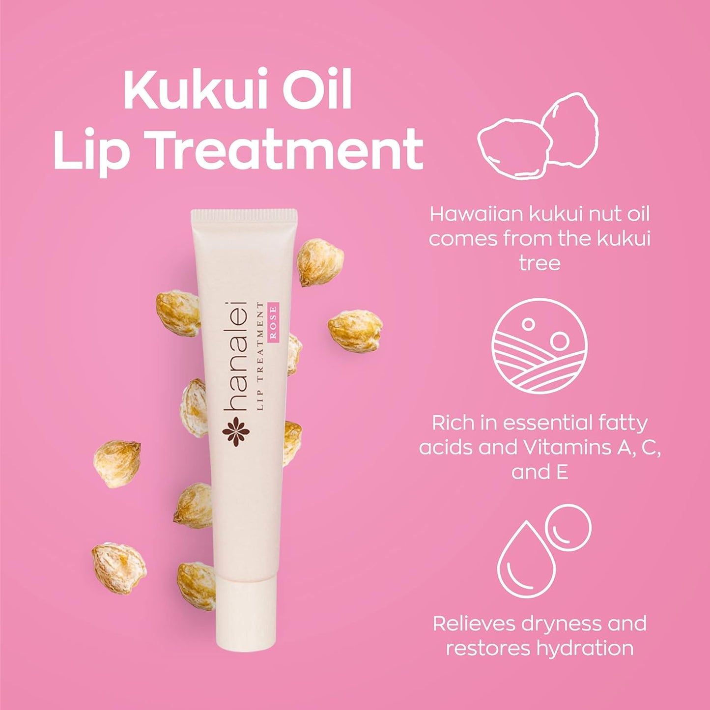 Hanalei Lip Treatment for Dry, Chapped Lips – Intensive Overnight Moisturizer with Kukui Oil, Shea Butter & Grapeseed Oil – Hydrating Balm for Healing Cracks – Rose Pink Tint, 15g – Cruelty-Free