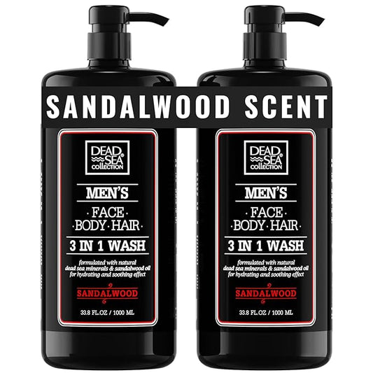 Dead Sea Collection Mens Body Wash 3 in 1 – Sandalwood Body Wash for Men – Shower Gel – Shampoo – Shower Soap for Face and Hair – Pack of 2 Bottles (33.8 Fl. Oz. Each)